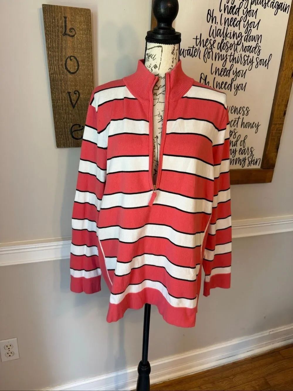 Charter Club Women's Supima Cotton Striped Half Zip Knit Sweater Red White 1X